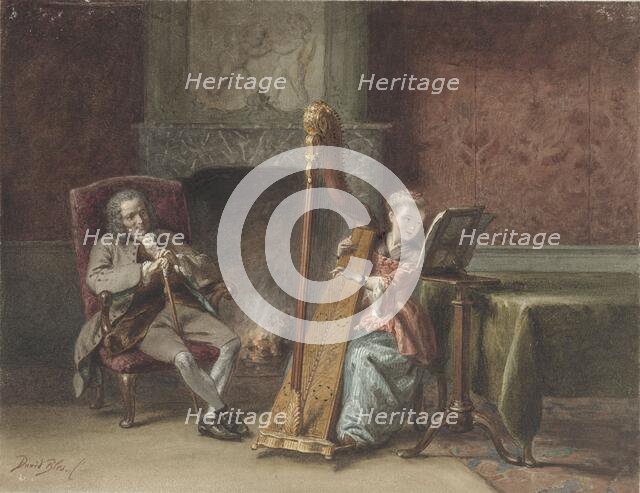 Interior with girl who plays harp and a gentleman in a chair watching, 1831-1892. Creator: David Joseph Bles.
