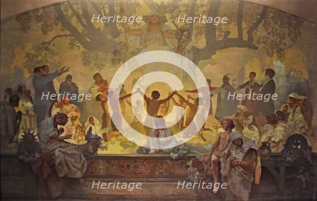 The Oath of Omladina Under the Slavic Linden Tree (The cycle The Slav Epic). Artist: Mucha, Alfons Marie (1860-1939)