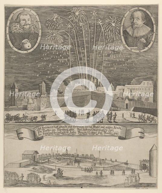 Fireworks display by Lorenz Müller as proof of mastership, Nuremberg 1635. Creator: Anon.