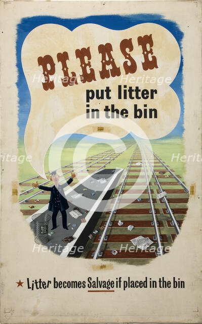 'Please put litter in the bin. Litter becomes salvage if...', WWII poster, between 1939 and 1946. Creators: Central Office of Information, Unknown.