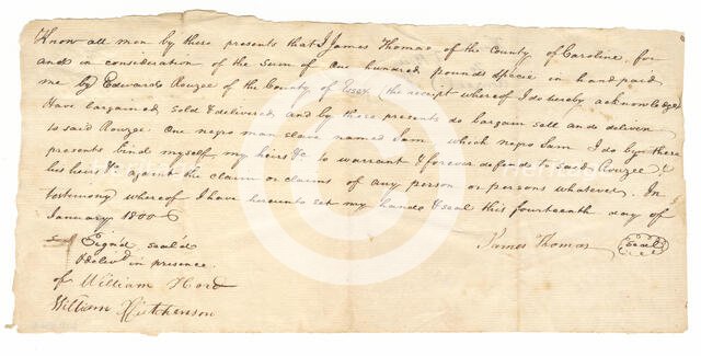 Bill of sale for Sam purchased by Edward Rouzee, January 14, 1800. Creator: Unknown.