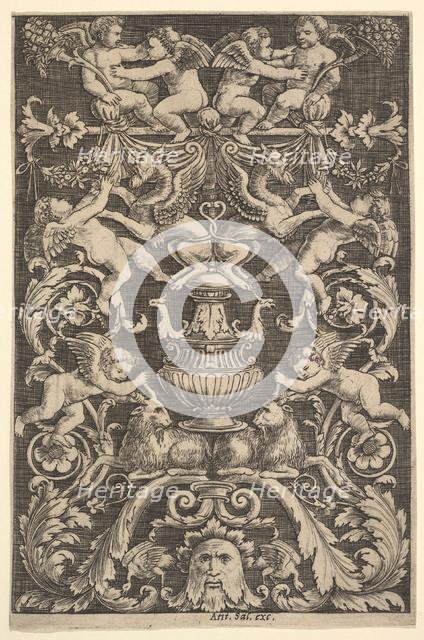 A panel of ornament with putti, goat and other figures, 1530-60. Creator: Master of the Die.