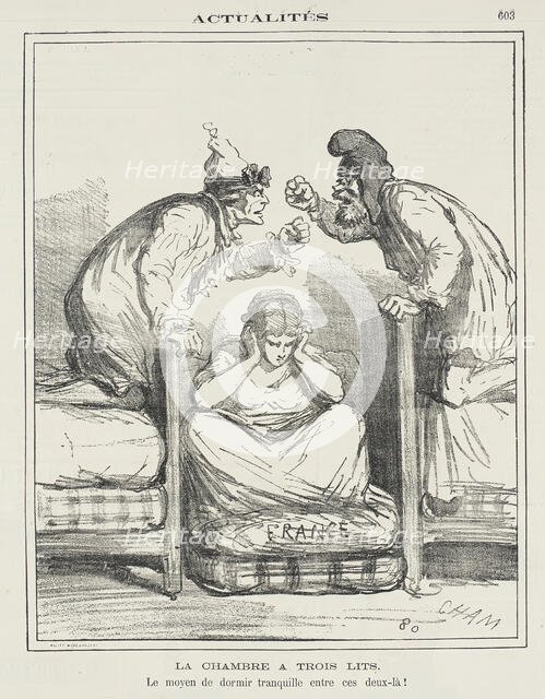 Le chambre à trois lits -Le moyen de dormir tranquille entre ces deux-là!, 1871. Creator: Cham.