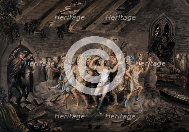 A man on horseback enters a church to discover an orgiastic sabbath. Creator: Unknown.