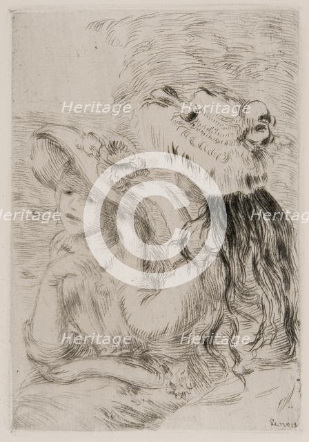 Two young girls pinning flowers on their hats, c1897.  Creator: Pierre-Auguste Renoir.