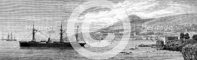 The Seine laying the land end of the Brazilian Submarine Cable at Madeira, 1873. Creator: Unknown.