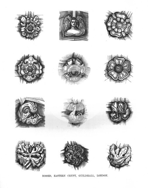 Bosses of the Eastern Crypt. Guildhall, 1886.  Artist: Unknown.