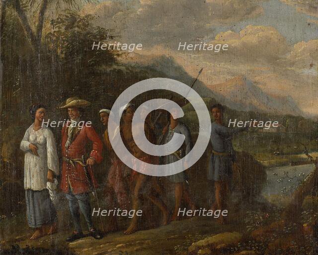 Dutch merchant with two enslaved men in a hilly landscape, 1700-1725. Creator: Anon.
