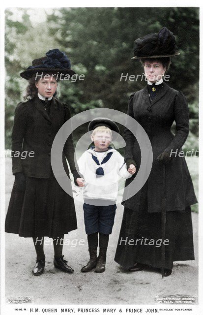 Queen Mary, Princess Mary and Prince John, 1910s. Artist: Ernest Brooks.
