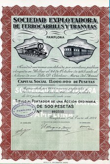 Action of 500 pesetas of Sociedad explotadora de ferrocarriles y tranvías, S.A., (railway company…