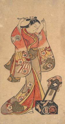 Portrait of Sanjo Kantaro in the Female Role of Yaoya Oshichi in the Play "Fuji no ..., ca. 1730-40. Creator: Attributed to Torii Kiyomasu II.