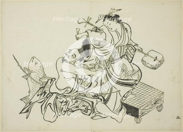 Ebisu flirting with a courtesan, no. 3 from a series of 12 prints, c. 1708. Creator: Okumura Masanobu.