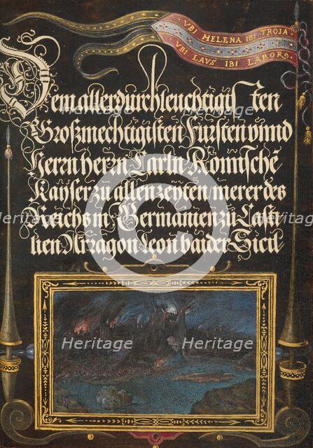 The Burning of Troy: Banner of the House of Hapsburg, 1561-1562; illumination added 1591-1596. Creator: Joris Hoefnagel.