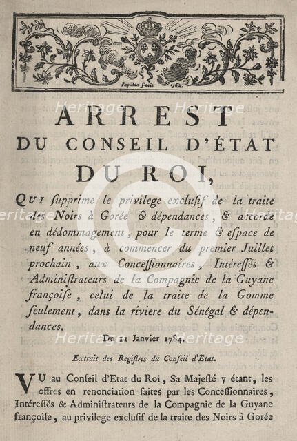 Arrest du conseil d'état du roi, qui supprime le privilege exclusif de la traite des noirs..., 1784. Creator: Jean Michel Papillon.