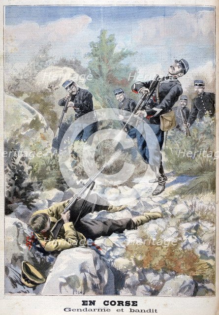 A gun battle between a bandit and the gendarmerie, Corsica, 1898. Creator: F Meaulle.