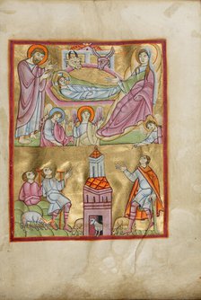 The Nativity and The Annunciation to the Shepherds; Benedictional, about 1030-1040. Creator: Unknown.