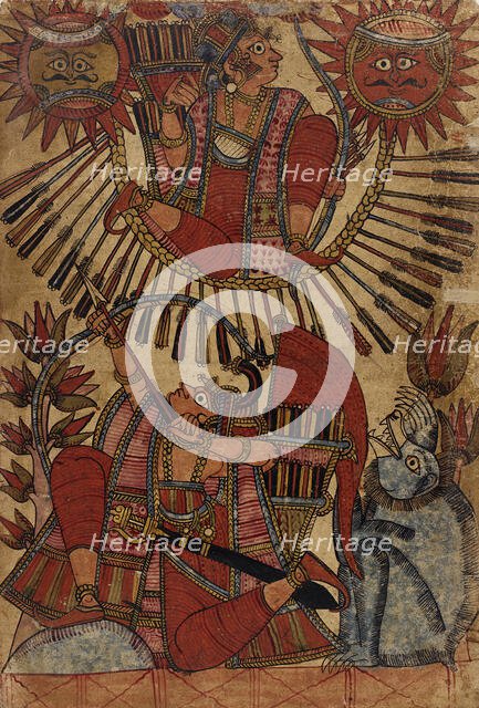 Vrishaketu Shoots Babhruvahana into the Air on a Circle of Arrows (recto)..., c1850. Creator: Unknown.