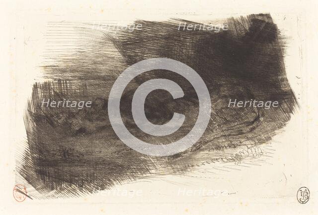 Tiger Sleeping at the Entrance to its Lair (Tigre couché à l'entrée de son antre), c. 1828/1833. Creator: Eugene Delacroix.