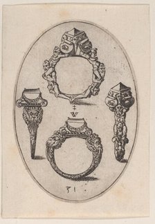 Designs for Four Rings, Plate 31 from 'Livre d'Aneaux d'Orfevrerie', 1561. Creator: Pierre Woeiriot.