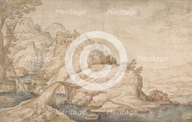 Hilly Landscape with River, Bridge and Houses with Two Figures at Left, late 16th-mid 17th century. Creator: Attributed to Joos de Momper the Younger.