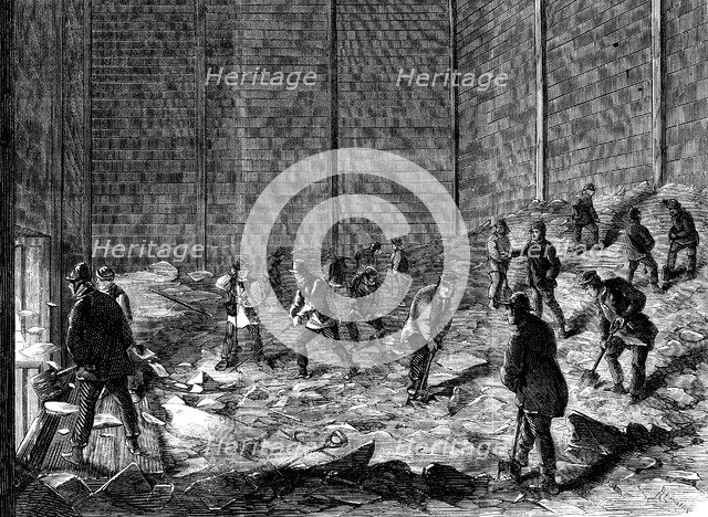 Storing ice in insulated sheds at Charles's Ice Store, Chelsea, London, 1861. Artist: Unknown