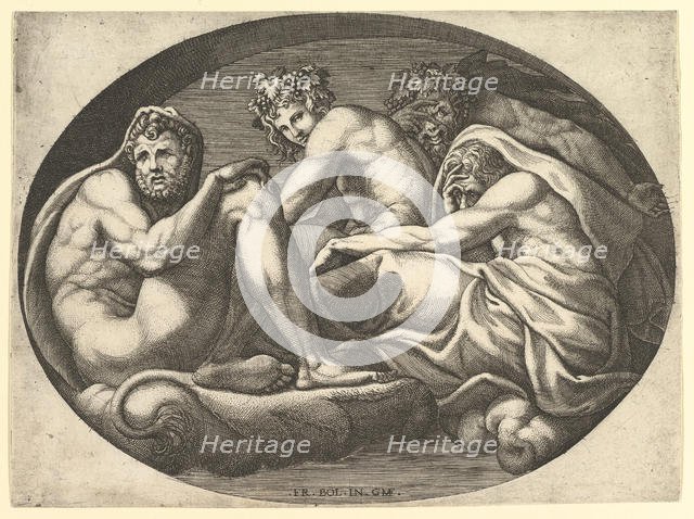 Hercules, Bacchus, Pan, and Saturn, from a series of eight compositions after Francesco P..., 1560s. Creator: Giorgio Ghisi.