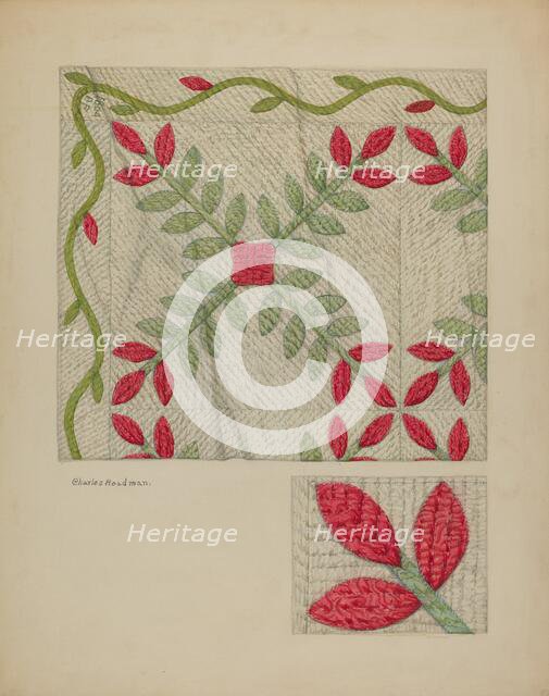 Quilt (Red and Green Leaves), c. 1941. Creator: Charles Roadman.