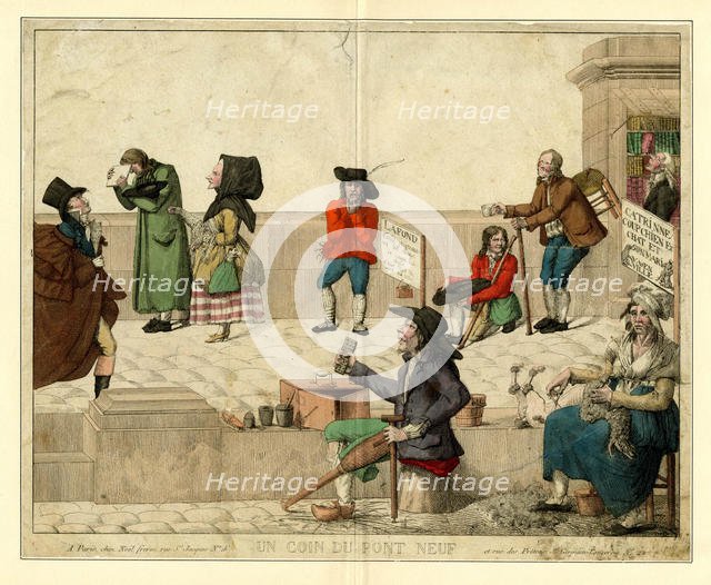 A corner of Pont Neuf, Paris, with lame beggars and street vendors, ca 1813. Creator: Anonymous.