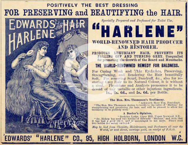 Edwards Harlene hair dressing, 1890s. Artist: Unknown