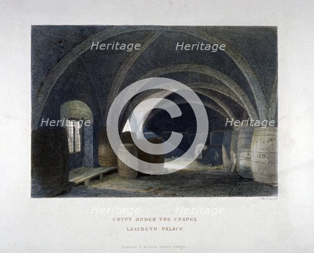 Crypt filled with barrrels under the chapel at Lambeth Palace, London, 1851.     Artist: John Wykeham Archer