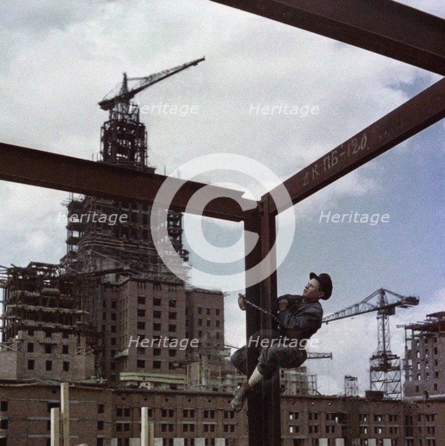 The construction of the main building of Moscow State University on Lenin Hills Artist: Anonymous  