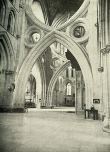 'Unusual Arches in Wells Cathedral - meet to form a St. Andrew's Cross and were so built in 1338 to  Creator: Unknown.