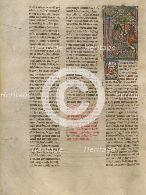 Sword Fight between Tristan and Palamedes by the Tree with Two Shields, about 1320-1340. Creator: Jeanne de Montbaston.