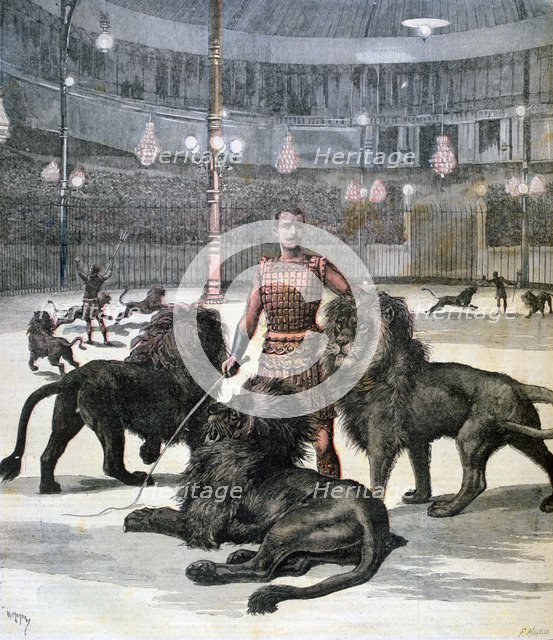 Lion taming at the L'hippodrome, Paris, 1891. Creator: Henri Meyer.