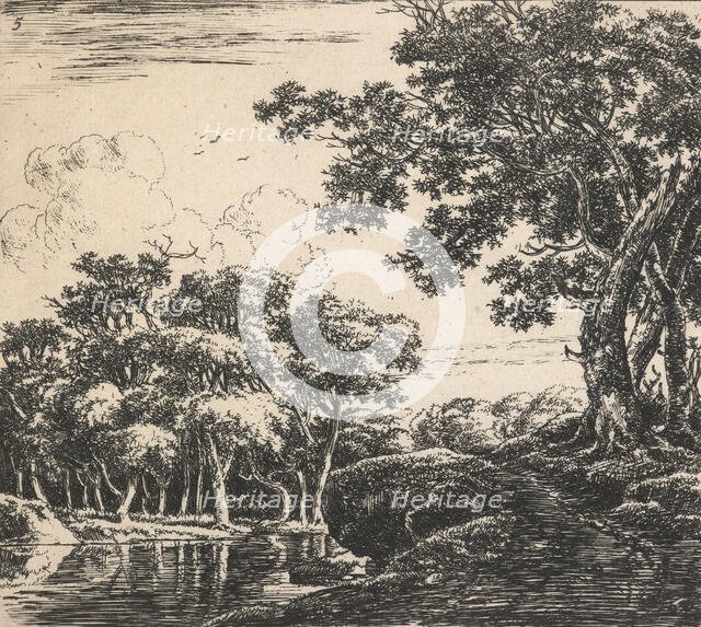 Eight landscapes. Plate 5. Three tall  trees on a hill, 1640-51. Creator: Herman Naiwincx.