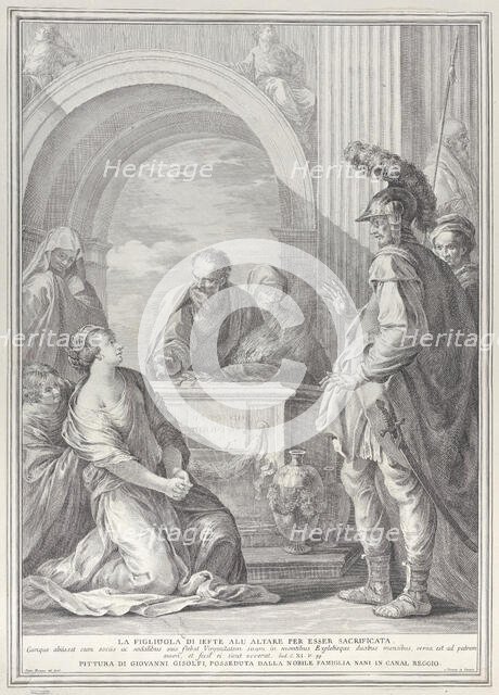 Jephthah's daughter kneeling by the sacrificial altar, with her father standing at righ..., 1730-50. Creator: Pietro Monaco.