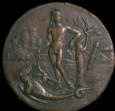 Bronze medallion of Apollo and the serpent Python, 16th century. Artist: Unknown