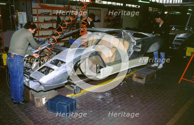 Lamborghini factory 1988.Countach under construction. Artist: Unknown.
