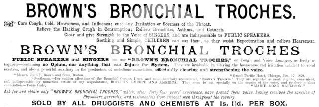 Advertisement for Brown's Bronchial Troches, 1895. Creator: Unknown.