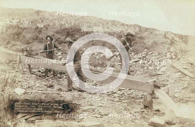 Gold Dust Placer mining at Rockerville, Dak Old timers, Spriggs, Lamb and Dillon at work, 1889. Creator: John C. H. Grabill.