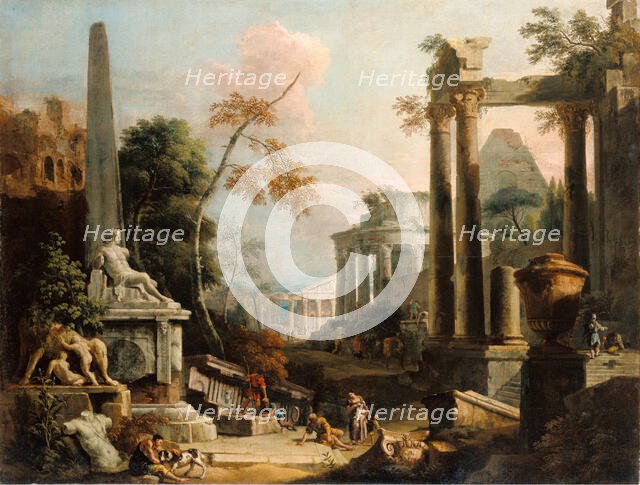 Landscape with Classical Ruins and Figures, about 1725-1730. Creators: Marco Ricci, Sebastiano Ricci.
