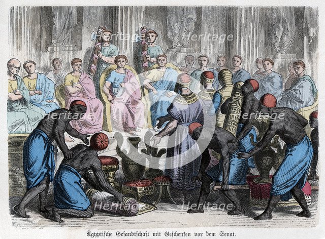 Ancient History. Rome. Egyptian Embassy presenting gifts to a senator. German engraving, 1865.