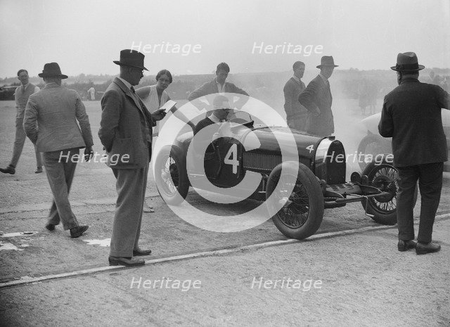 Bugatti at a Surbiton Motor Club race meeting, Brooklands, Surrey, 1928. Artist: Bill Brunell.