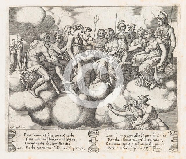 Plate 30: Venus and Cupid pleading their case before Jupiter and other Gods with Mercur..., 1530-60. Creator: Master of the Die.