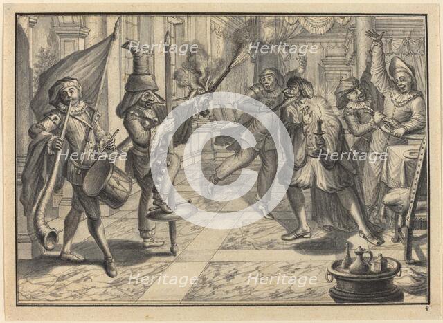 Mezzetin and Harlequin, Disguised as the Captain, Disrupt Pantaloon's Dinner, c. 1729. Creator: Johann Jakob Schübler.
