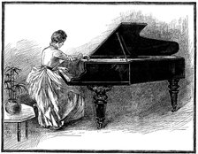 Young lady tuning a grand piano, 1887. Artist: Unknown