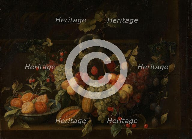 Still Life with Fruits and a Parrot, c1670-1690. Creator: Peeter Gysels.