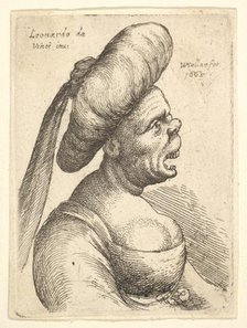 Bust of woman with wide open mouth and up-turned nose, wearing large flat turban with clot..., 1665. Creator: Wenceslaus Hollar.