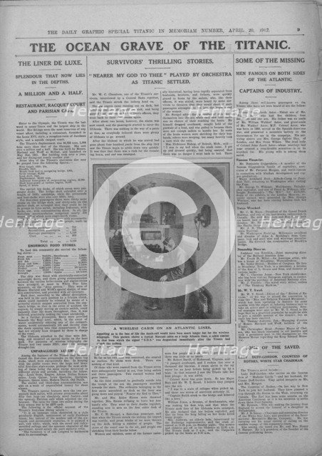 'The Ocean Grave of the Titanic', and photograph of a wireless operator, 20 April, 1912. Creator: Unknown.