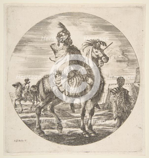 Moorish horseman in profile facing right, a black slave holding a fur at right, anothe..., ca. 1651. Creator: Stefano della Bella.